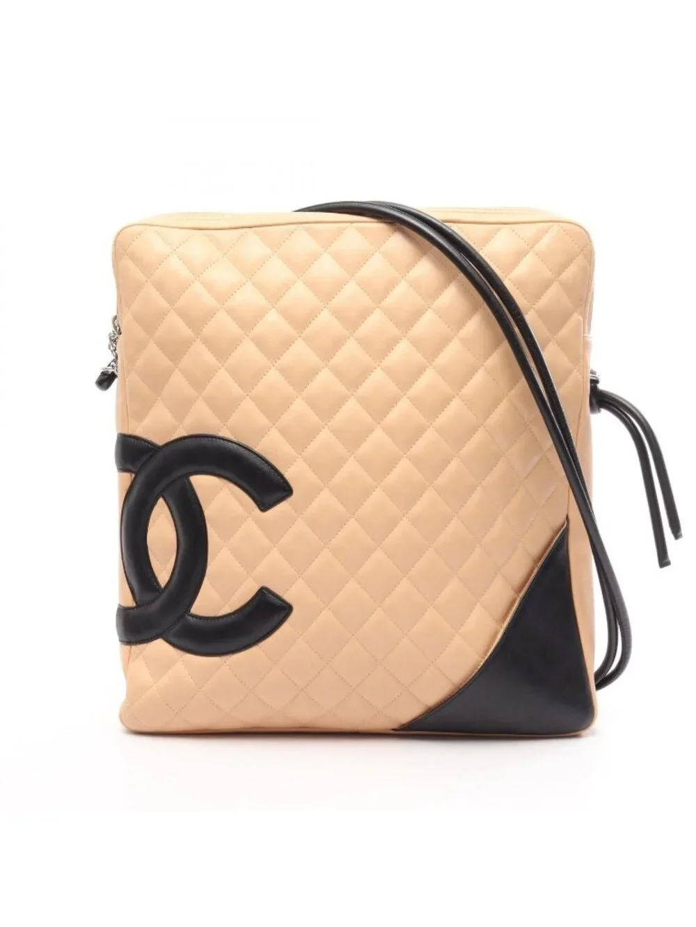 Chanel Shoulder Bag Cambon Line Large Pochette Beige Black Leather